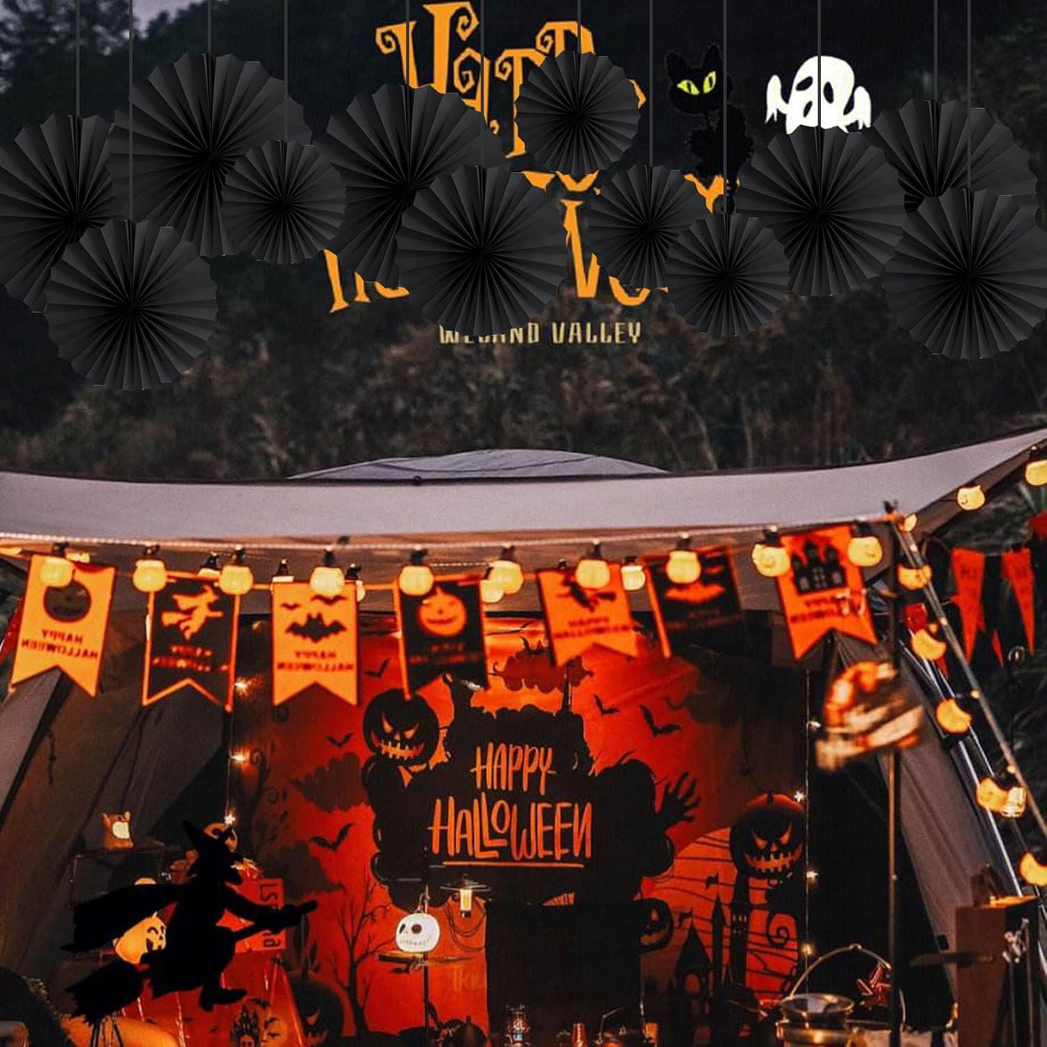 HQZ Black Party Hanging Fans DIY Set - 12pcs Set Pinwheels Fan DIY Paper Craft for Wedding, Birthday, Christmas Party Decoration