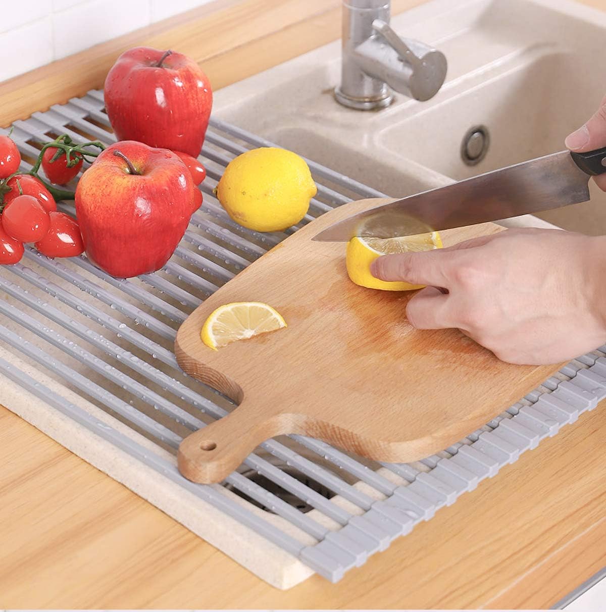 Ahyuan Roll-up Dish Drying Rack Over The Sink Multipurpose Cubic Silicone Wrapped Metal Steel Square Solid Bars Foldable Over Sink Kitchen Drainer Rack (Warm Grey, Medium17.5 Lx13.8 W)