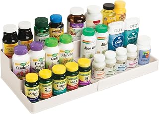 Organizador de estantes expandibles de plástico de 3 niveles - Almacenamiento para tocador de baño, gabinete, alacena, cajón - Para medicamentos, vitaminas, suplementos, cosméticos - Colección Ligne - Crema/Beige