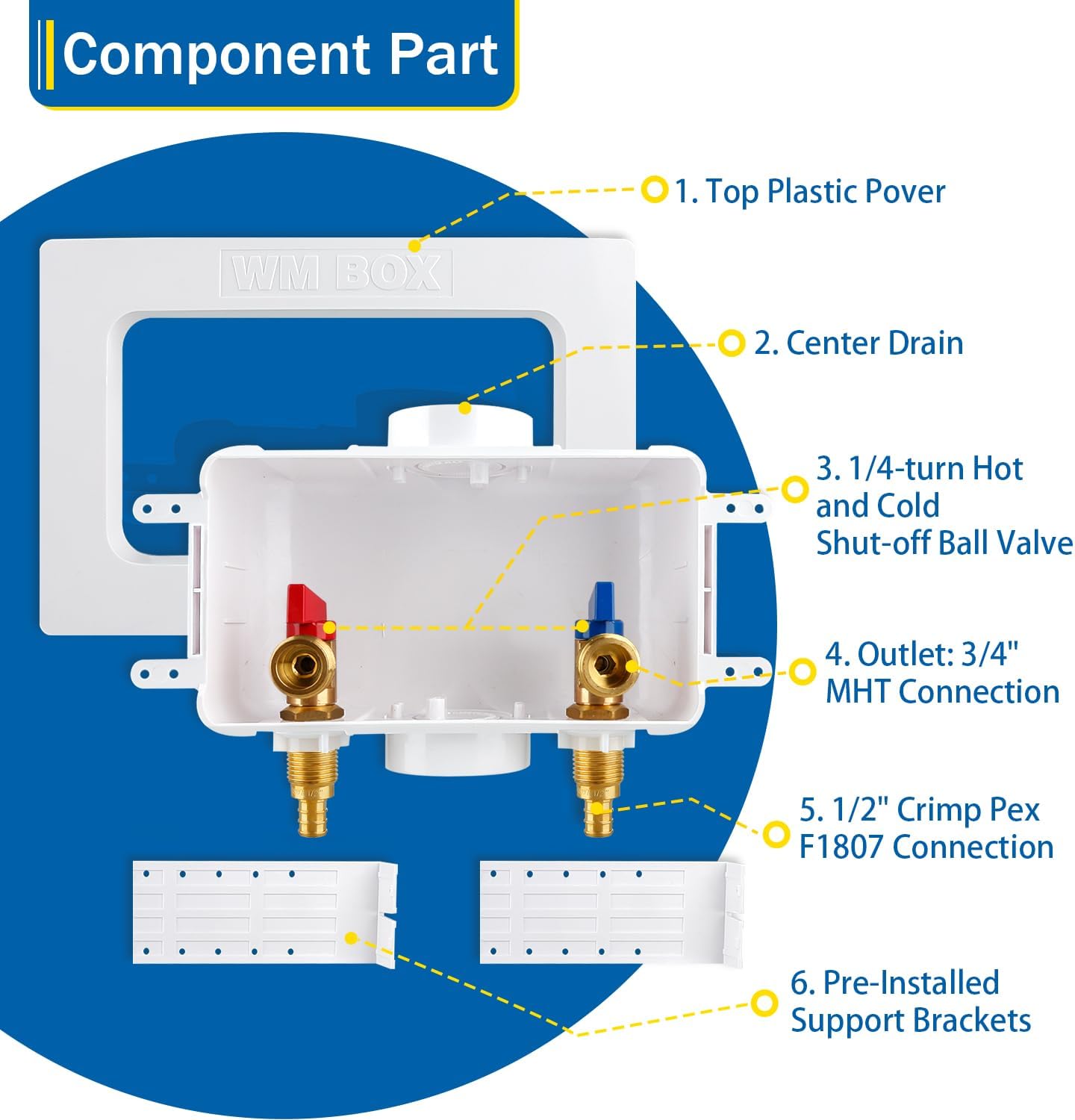 Washing Machine Outlet Box with Center Drain, 1/2" Crimp Pex F1807 Inlet x 3/4" MHT Outlet Connection with Hot and Cold 1/4-turn Shut-off Ball Valve