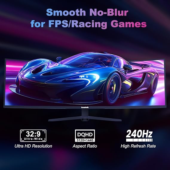 Gawfolk 49 Inch DQHD Curved Gaming Monitor – 240Hz, 5120x1440 Super Ultra-Wide, 1500R, Height Adjustable Stand, 1MS, FreeSync, 120% sRGB,RGB Backlight, 2x DP 2.0, 2x HDMI 2.1, PBP/PIP,Black