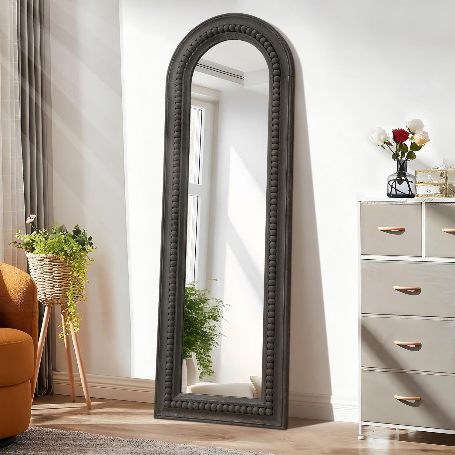 Beaded Framed Floor Mirror Full Length Decorative Arched Wooden Large Wall Mirrors 47"x16" for Bedroom Bathroom Living Room Entryway Home Decor