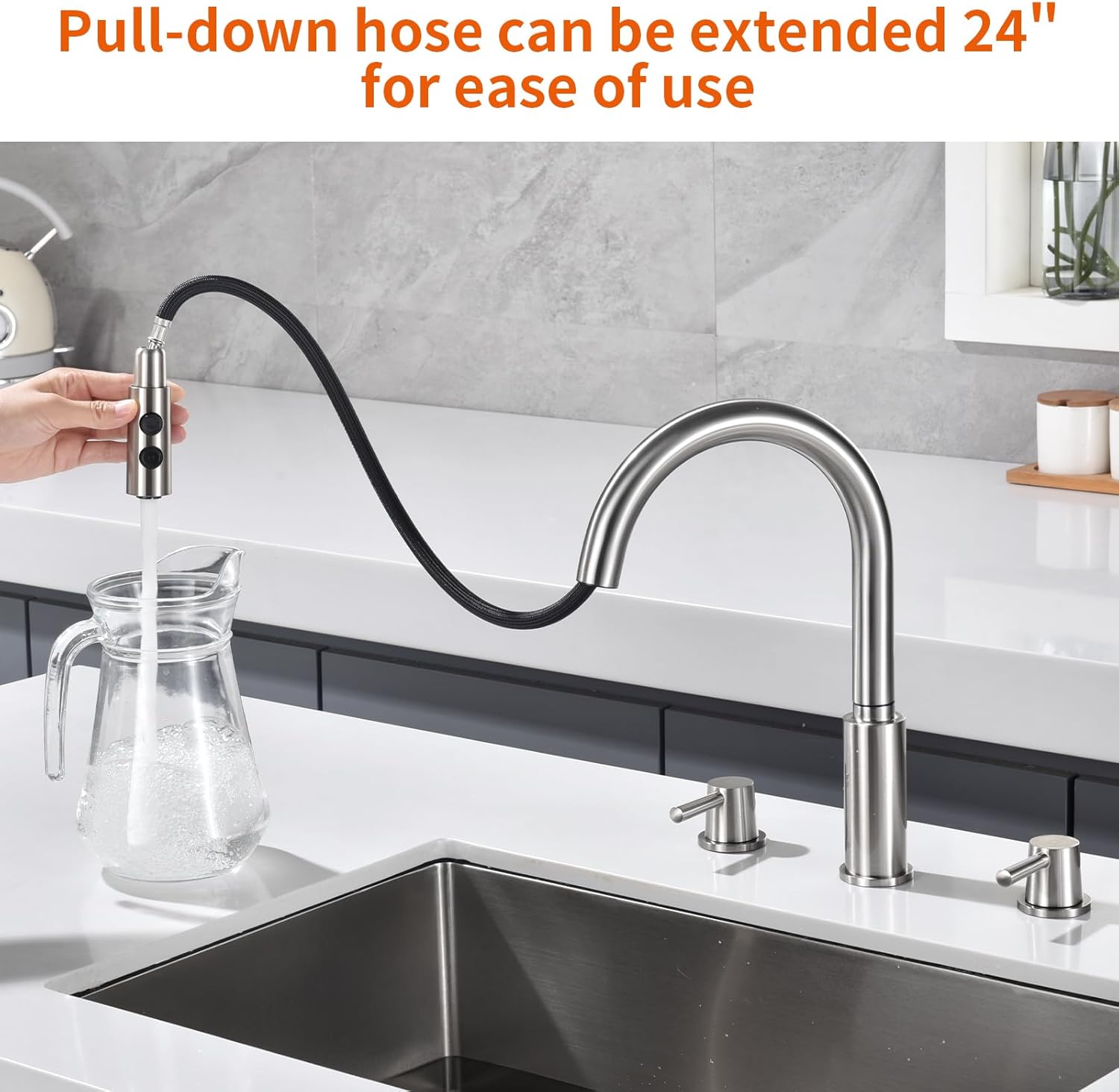 RULIA Brand, Double Handle Kitchen Faucet, 3 Holes Sink Faucet, Pull Down, Brushed Nickel, Stainless Steel, RB1063