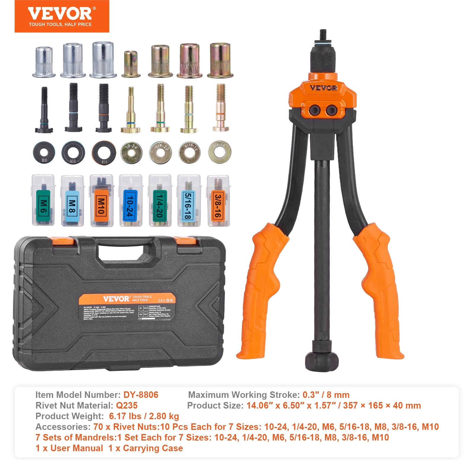 VEVOR Kit di Attrezzi per Rivetti 35,5 cm con 7 Mandrini Metrici e SAE