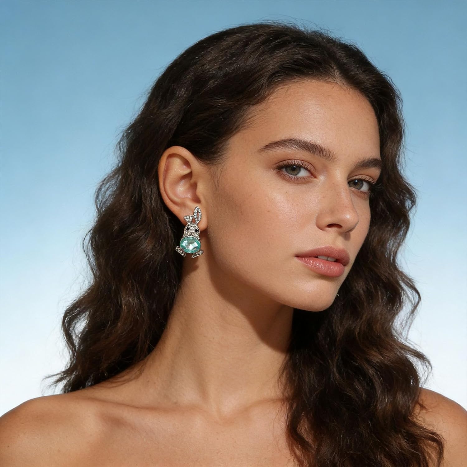 Crystal Rabbit Earrings for Women Silver Blue Rabbit Ear Stud Cute Animal Earrings Rhinestone Bunny Earring Easter Jewelry Gift - Image 3