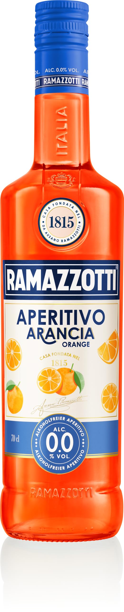 Ramazzotti Arancia 0.0%, alkoholfreier italienischer Frucht-Likör mit Orange, zum Mixen von Mocktails & Spritz-Kreationen, Sommer-Getränk – 1 x 0,7 l