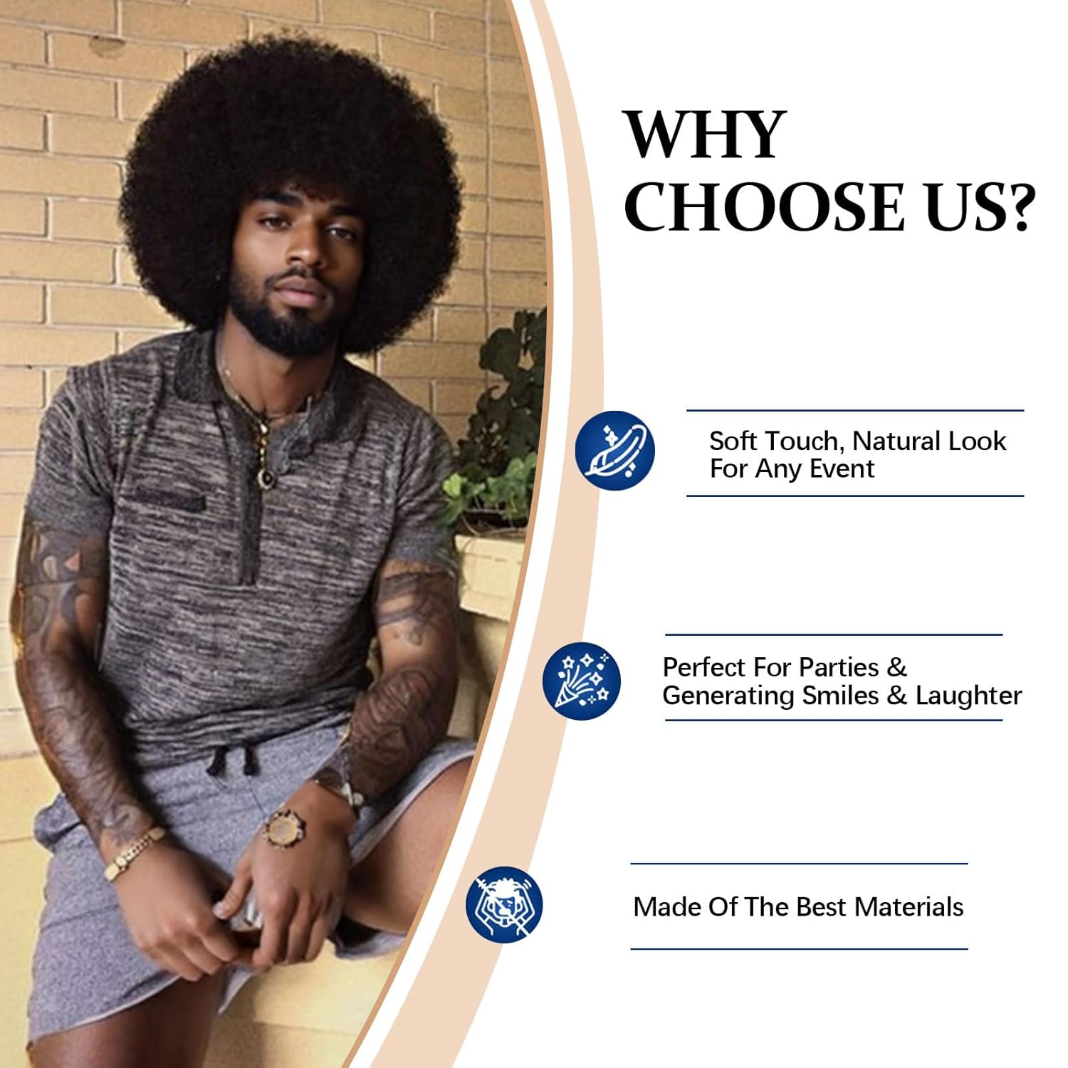 70S Men’s Afro Wig for Disco Party, 5pcs Set (Glasses+ Necklace+ Mustache+ Wig Cap) Black Afro Curly Retro Disco Rocker Wigs for 70S 80S Costume Halloween Cosplay Use - Image 8