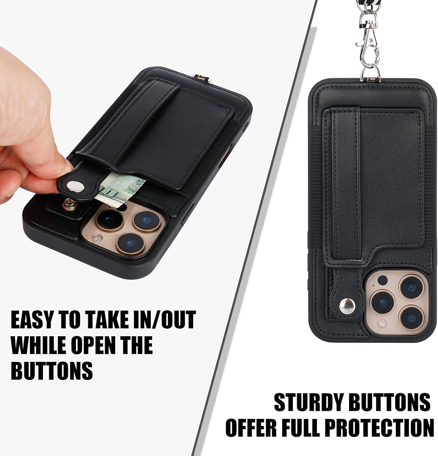 TOOVREN Phone Case for iPhone 16 Pro Max Case with Wallet Strap Lanyard Case fits Phone 16 Pro Max Wallet Case with Card Holder Stand Leather Cover Adjustable for Women & Men 6.9 Inch Black - Image 5