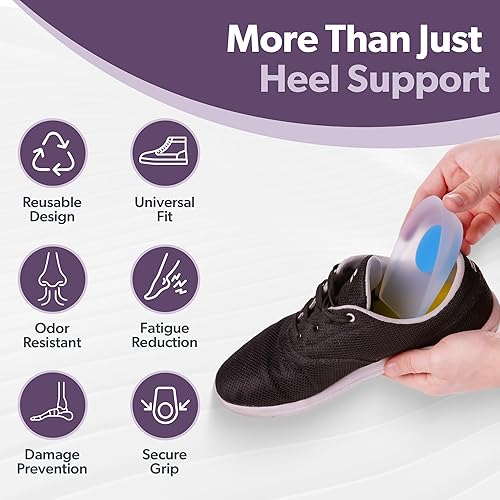 Miniatura 7 de BraceAbility Copas de talón  Almohadillas de silicona de grado médico para fascitis plantar, almohadillas ortopédicas de gel para pies y protectores