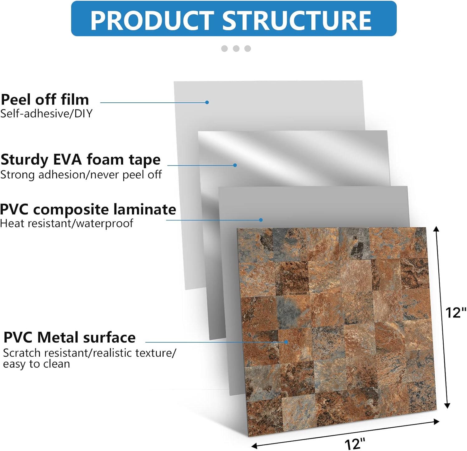 Midcard 10 Piece Peel and Stick Backsplash Imitation Rust Brown PVC Tile, Kitchen Backsplash