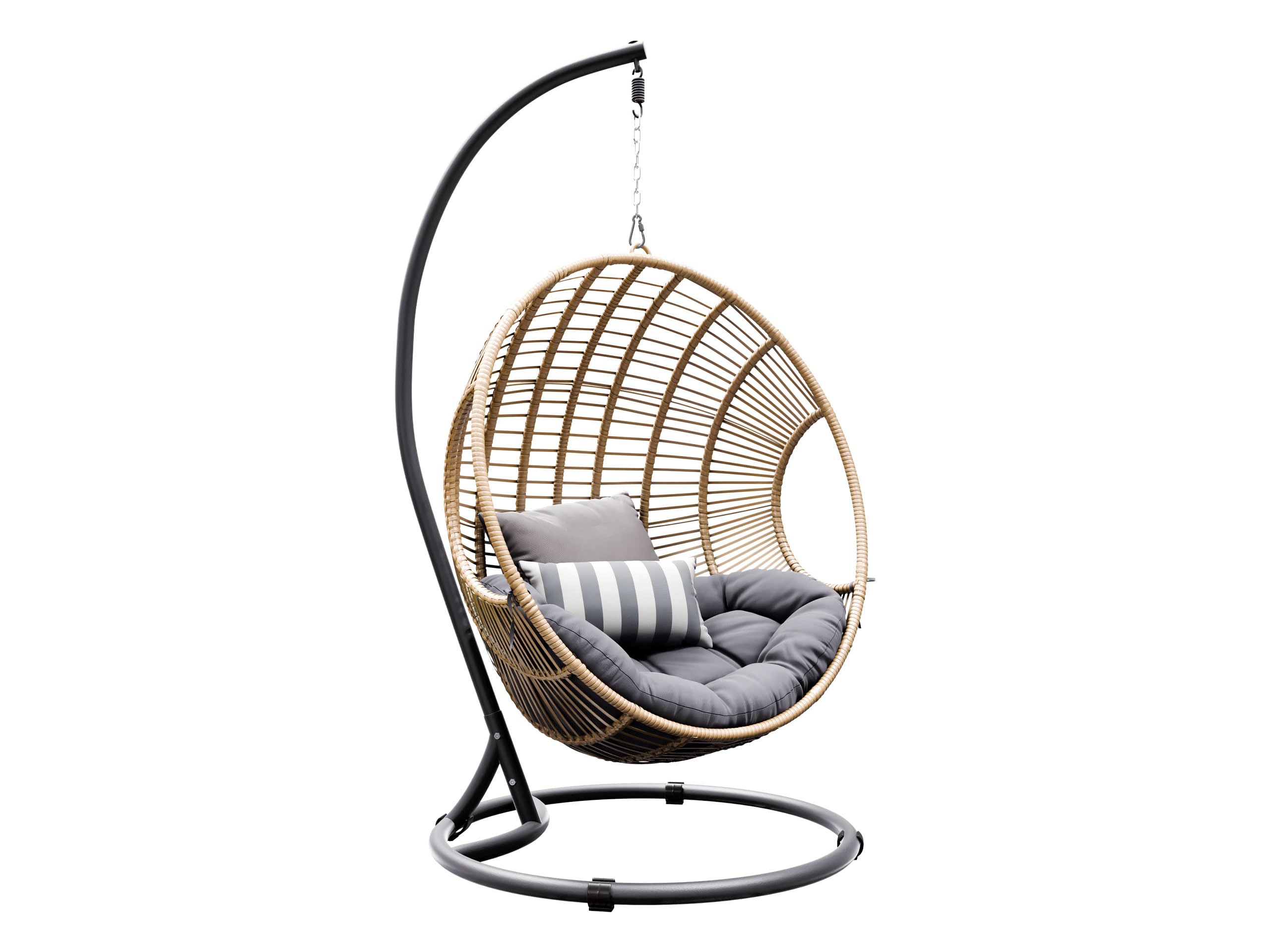 Mirjan24 Hängesessel mit Gestell und Kissen Nora, Hängestuhl mit Rückenkissen, Hängesitz, Hängekorb, Stahlskelett, Indoor & Outdoor (grau/natürliches Rattan + Kissen: grau 17)