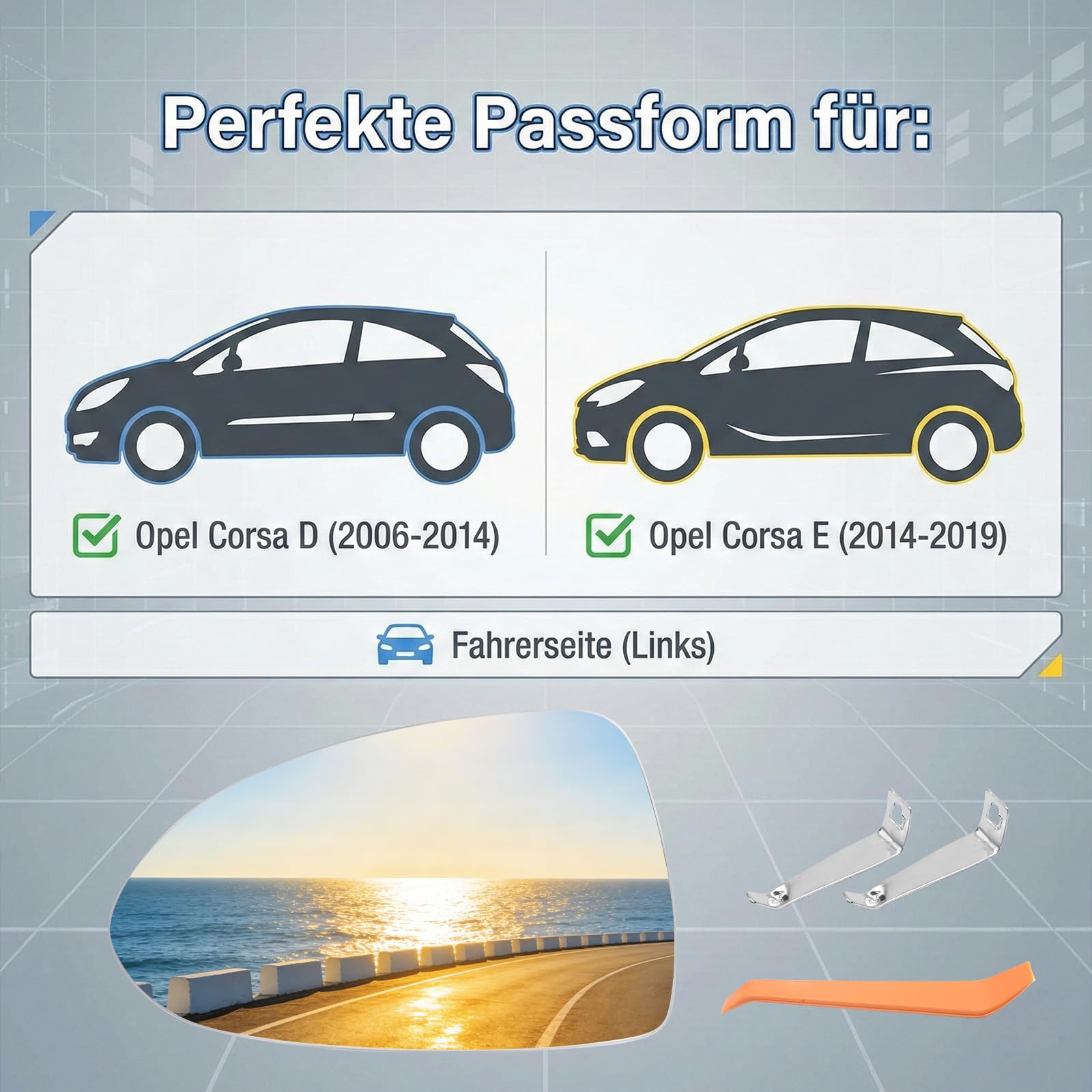 1426558 Szyba lusterka grzana z lewej strony, zamiennik dla Opel Corsa D 2006-2014, zamiennik dla Opel Corsa E 2014-2019