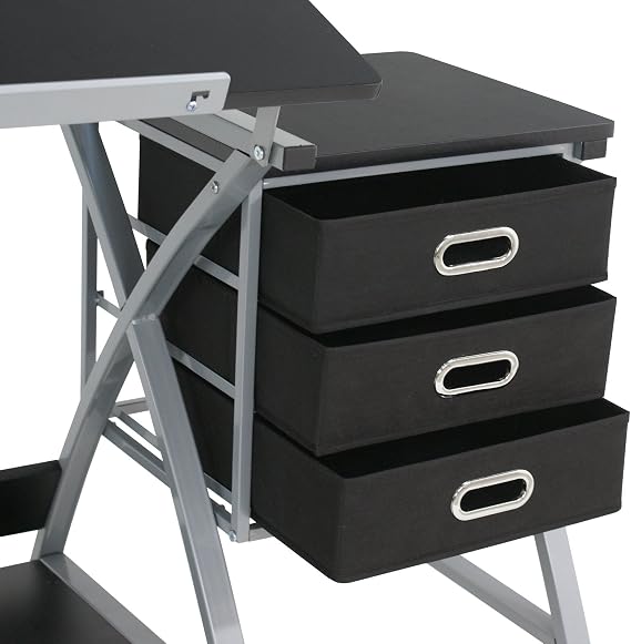 Adjustable Drawing Desk Tabletop Tilted Drafting Table Folding Art & Craft Table with Storage&Stool, Black