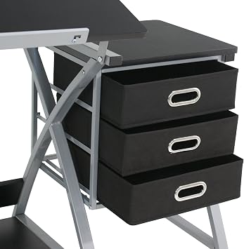 Adjustable Drawing Desk Tabletop Tilted Drafting Table Folding Art & Craft Table with Storage&Stool, Black