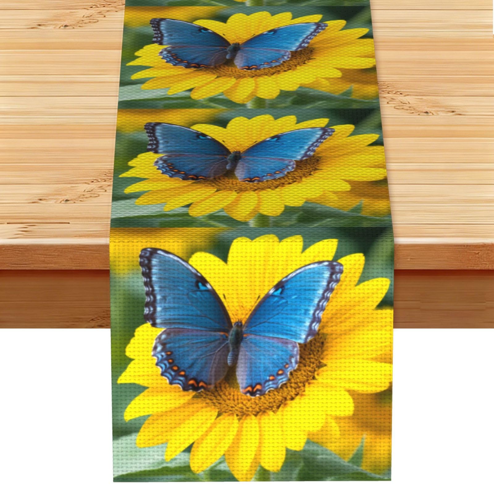 Fodpand Black Rustic Cotton Linen Table Runner, Sunflower Blue Butterfly Table Runners 13 X 72 Inches, Modern Elegant Farmhouse Tablecloth, Washable Kitchen Dining Table Decoration For Home Party Decor