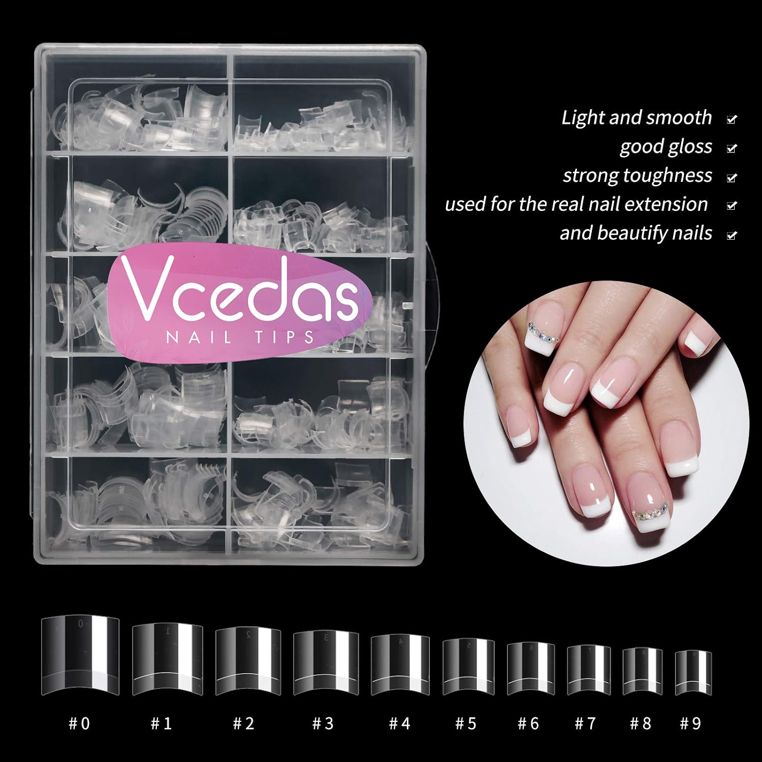 French Short Style Nail Tip Vcedas 500 PCS Half Cover Acrylic Nails Extensions Tips 10 Sizes Artificial False Nails Half Tips & Box(Clear)