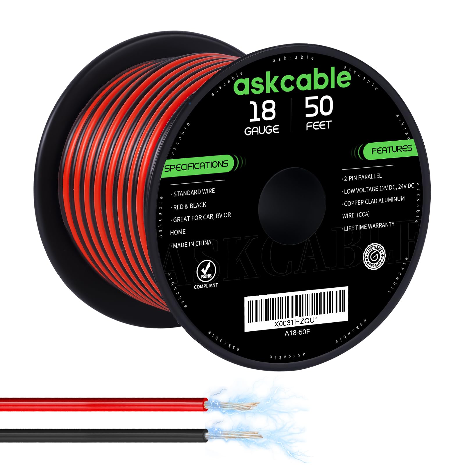 18 Gauge Wire, 18 AWG Electrical Wire Cable, 2 Conductors Red Black Wire, Copper Clad Aluminum(CCA) Flexible PVC Extension Cord for Speaker, Hookup LED Strips, Automotive 12V/24V DC (50FT)