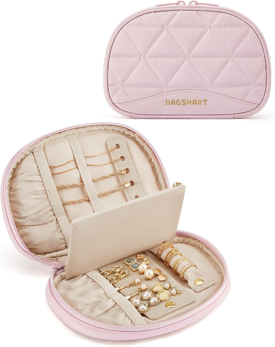 BAGSMART Estuche de joyería de viaje Organizador de joyas Rollo de almacenamiento Anillos Collares Pendientes Pulseras Broches Reloj Pequeño Portátil Rosa claro