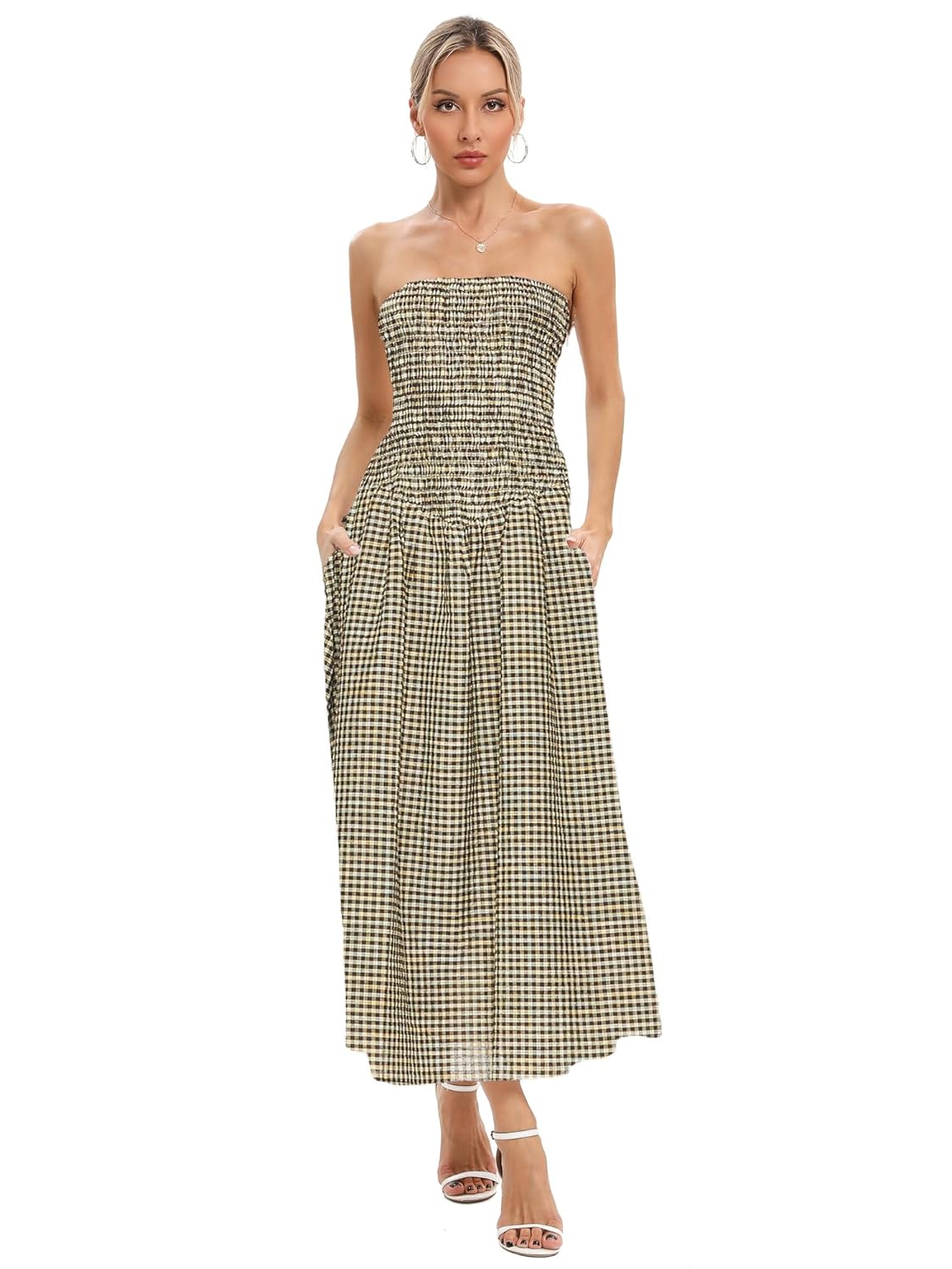 Aigeman Women Strapless Tube Maxi Dress Flowy Swing Long Sundress Sleeveless Summer Boho Beach Dress with Pokets 330