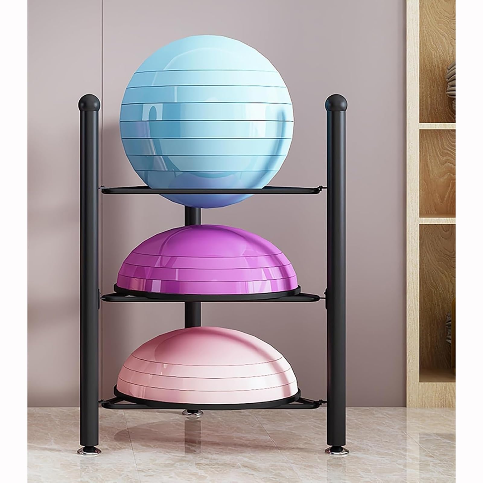 Mezzo equilibrio palla Storage Rack 3Tier Organizer per casa Palestra Ideale per Yoga Bosu Basket & Bowling Attrezzature Durevole Nero Pavimento Stand