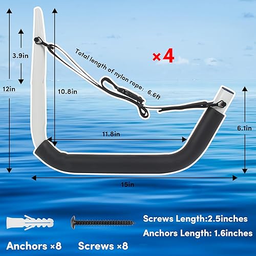 Miniatura 23 de Estante de almacenamiento de kayak, soporte de kayak para garaje, soporte de pared para kayak con correas de nailon, gancho de kayak resistente Negro