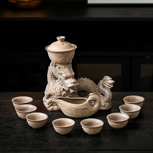 Miniatura 11 de Tetera de cerámica con infusor Juego de té semiautomático, tetera mágica con 8 tazas de color degradado (dragón degradado, C)