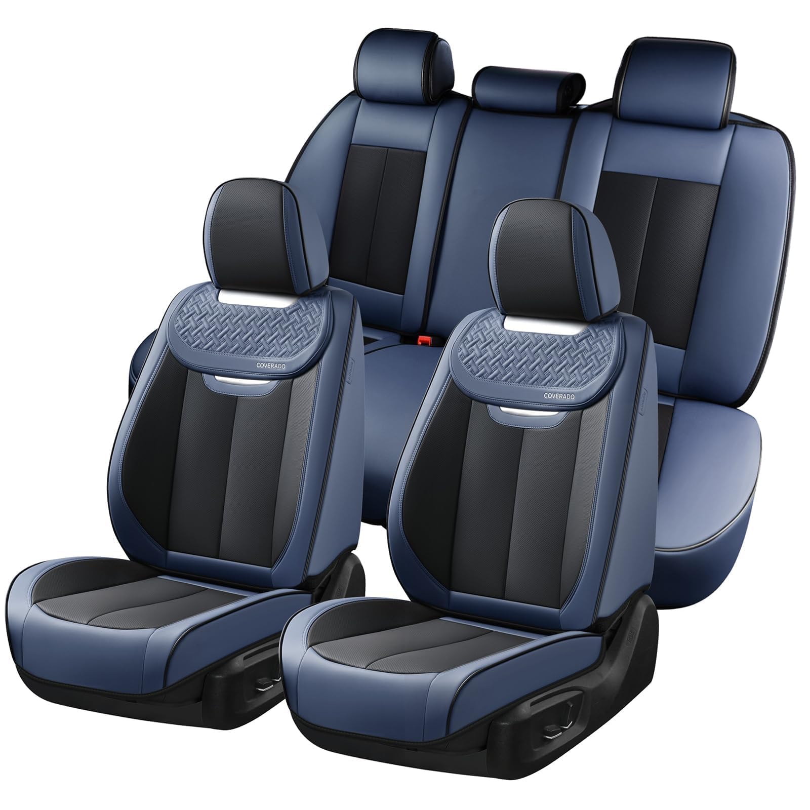 Coverado Front and Back Seat Covers for Cars, Nappa Leather Car Seat Covers Full Set, Waterproof Carseat Protector Seat Cushion, Luxury Automotive Seat Covers Universal Fit for Most Cars(Blue&amp;Black)