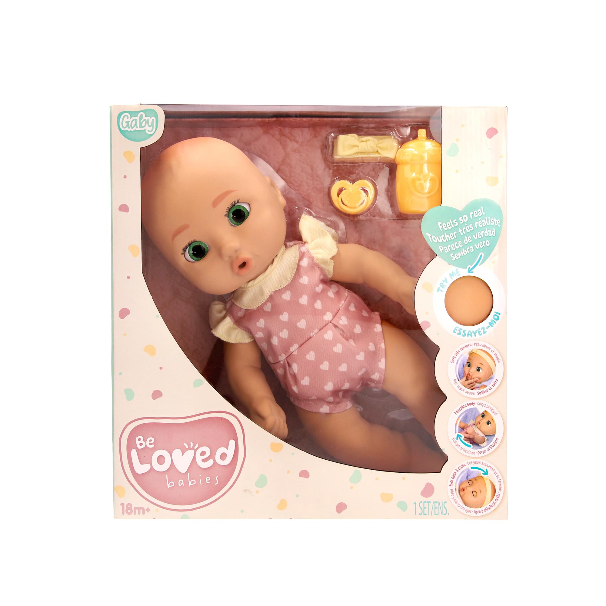 BE LOVED BABIES Gaby, lebensechte Puppe, weiche Haut und enthält einen Schnuller und eine Flasche, komplett beweglich, Spielzeug für Kinder ab 18 Monaten