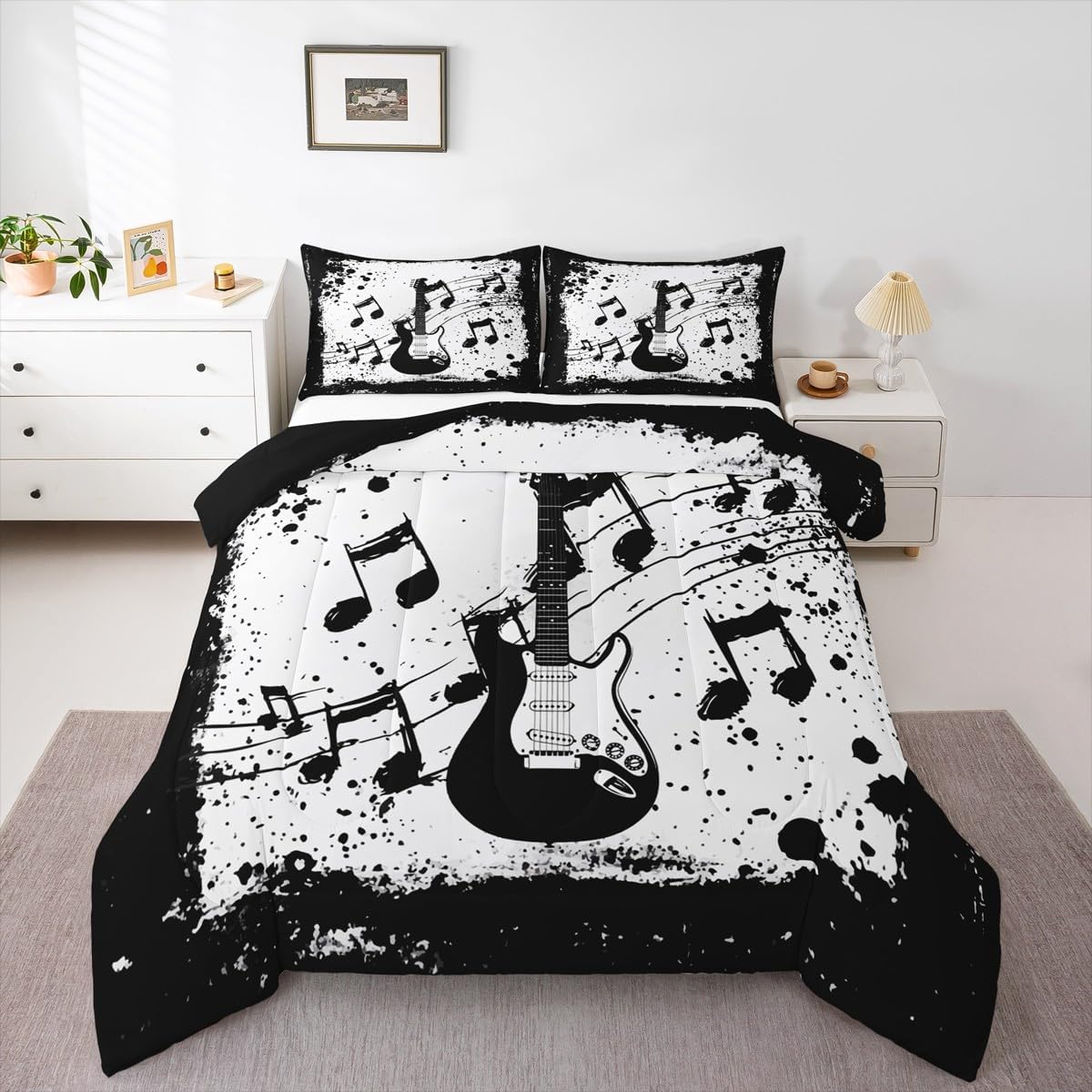 Erosebridal Electric Guitar Bedding Set Queen Acoustic Guitar Comforter Set, Vintage Guitar Shop Bedding Comforter Sets Brown Wooden Stripe Duvet Retro Farm Style Quilted Comforter Musician Room Decor