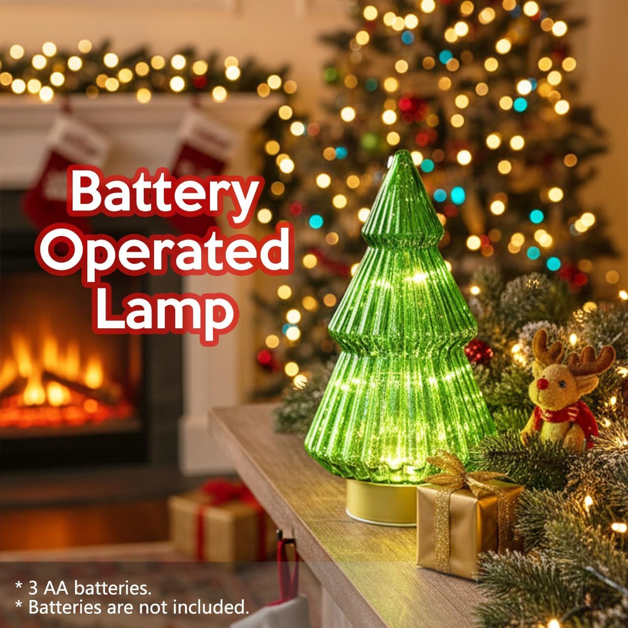 Glass Christmas Tree Light with Timer, Battery Operated Green Lit Xmas Tree Figurine, Lighted Mercury Glass Decor Cordless Cone Crystal Figurine Tabletop Lamp, Light Up Árbol de Navidad with Lights