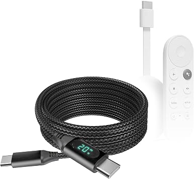BoxWave Cable Compatible with Google Chromecast with TV - PowerDisplay PD Cable 6ft - USB-C to USB-C 100W, LED Wattage Info Extra Long Braided Nylon - Jet Black