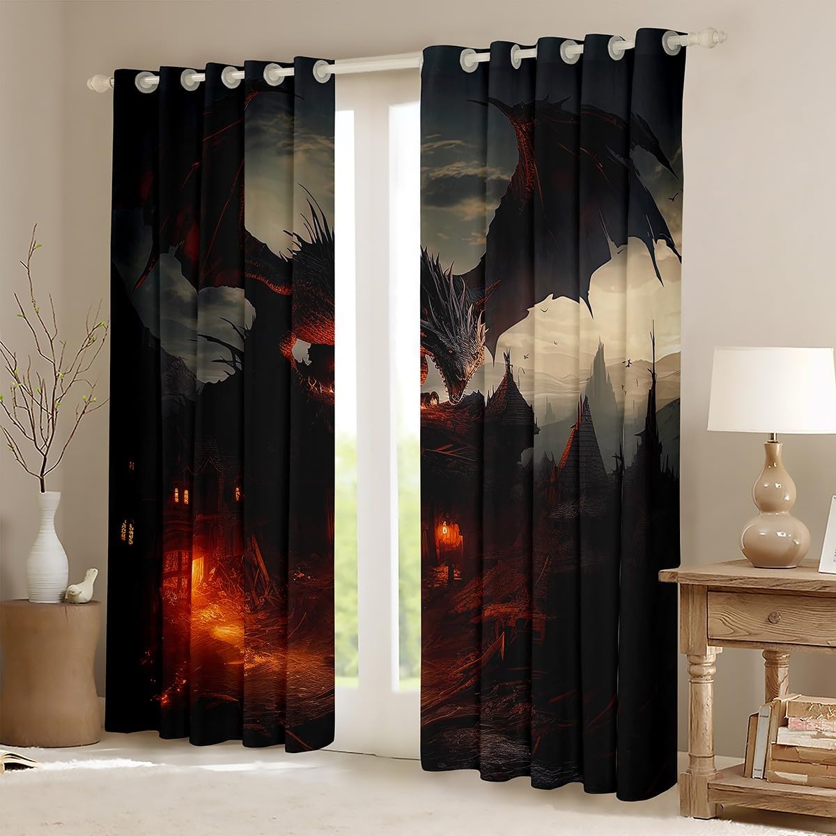 Erosebridal 3D Dragon 30%-50% Blackout Curtains Fire Wild Animal Print Curtains for Teens Youth Dragon Lovers Flying Dragon Curtains & Drapes 42''Wx63''L for Men Boys Gifts