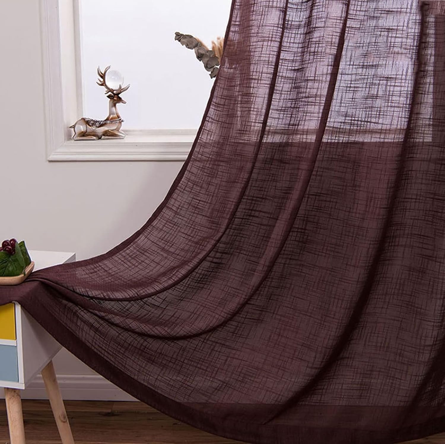 Daesar Semi Transparent Curtains for Living Room 2 Panels 84 Inch Length, Eyelet Sheer Curtains Solid Color Lines Texture Voile Curtains for Kitcken Window Treatment, 52x84 Inch Dark Brown
