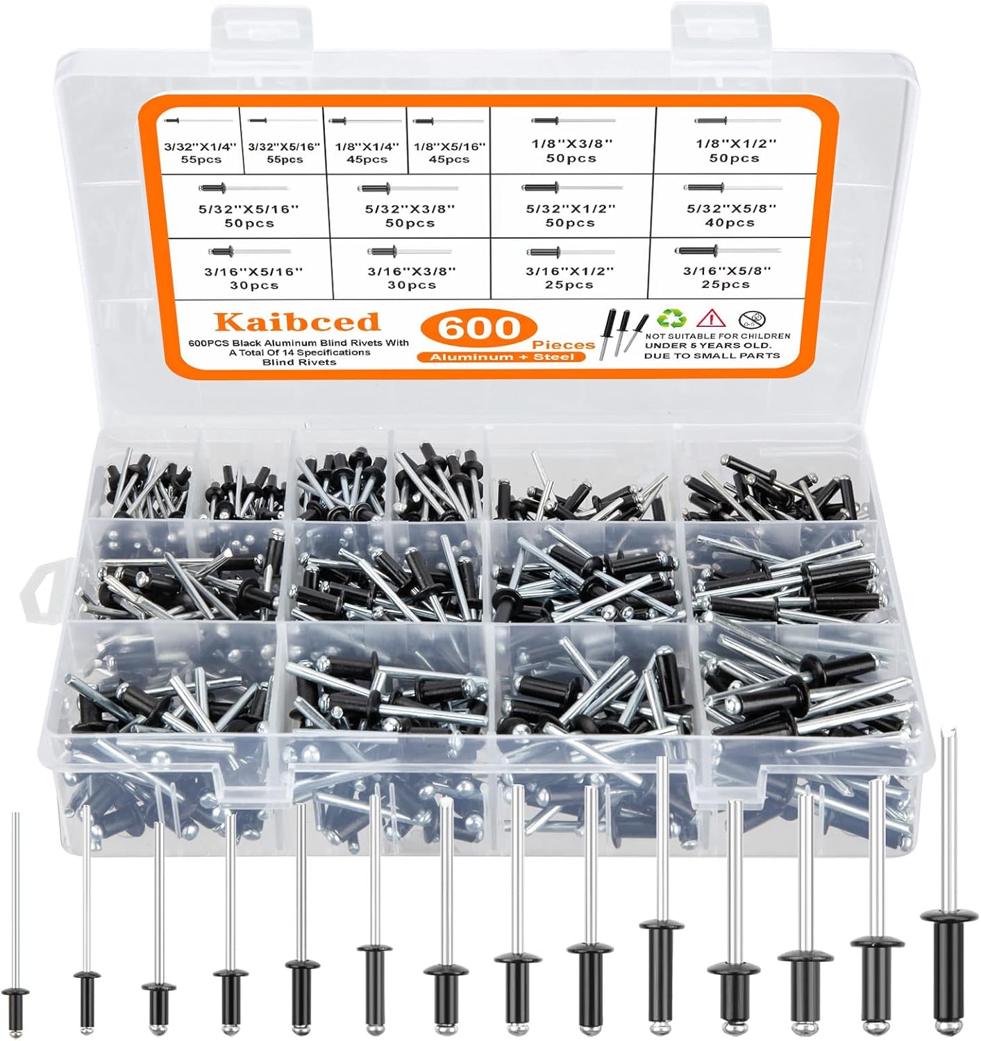 600pcs Pop Rivets Assortment Kit, 14 Sizes Aluminum Rivets 3/32" 1/8" 5/32" 3/16