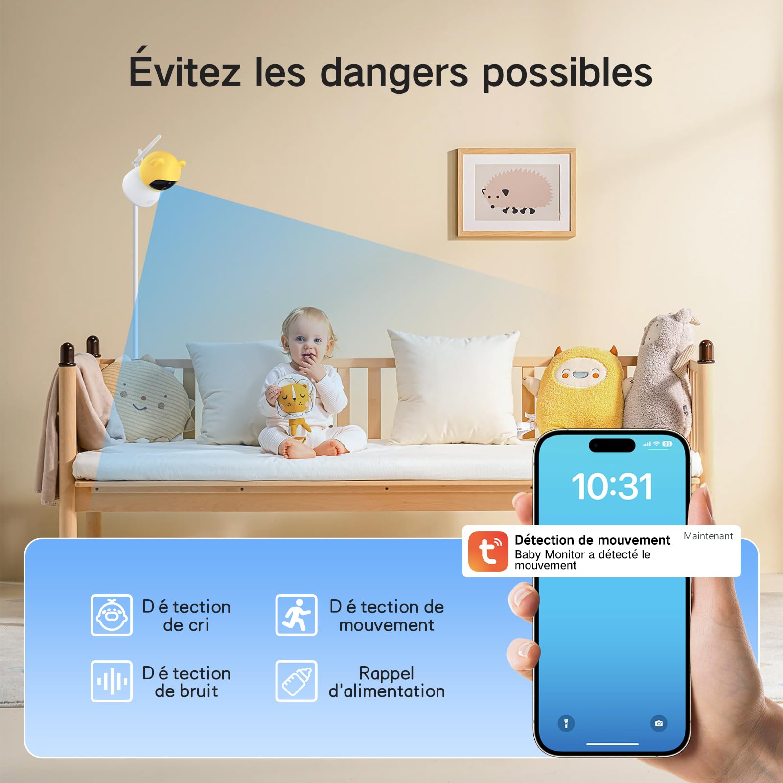 XPJ 2K 5" - Cámara de bebé con aplicación de teléfono, rotación de 360° luces de noche coloridas, zoom 4X, monitoreo de movimiento, seguimiento automático, zona de alarma personalizada