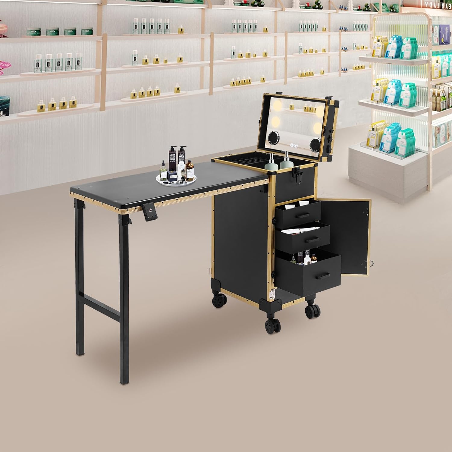 Rolling Makeup Train Case with 4 Drawers&Mirror, Foldable Makeup Nail Desk with Table&Blueteeth Speaker, Lockable Manicure Table for Technician Workstation Salon (Gold)