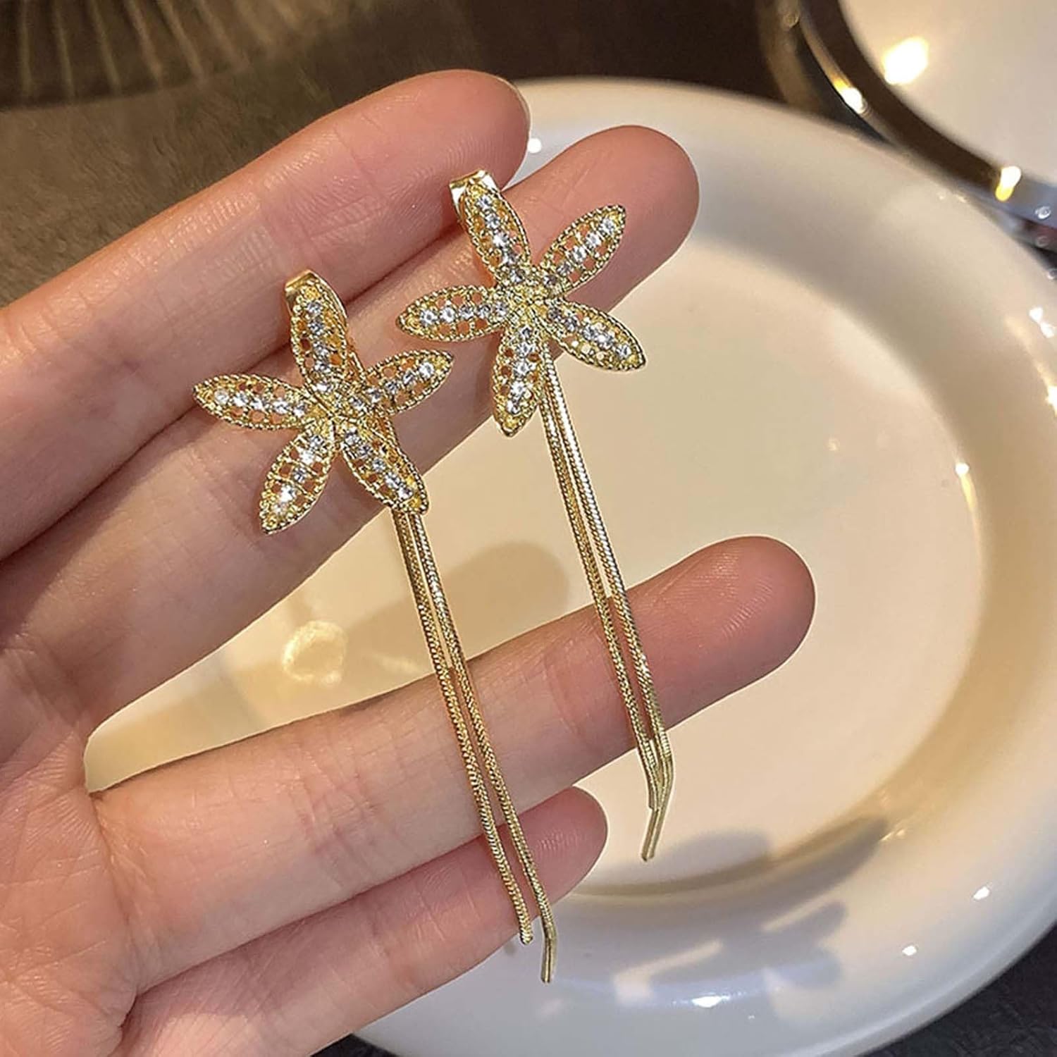 W WEILIRIAN Boho Crystal Flower Jacket Earrings for Women Flower Tassel Chain Earrings Gold Rhinestone Flower Earrings Cz Flower Stud Earrings Two Ways Front Back Earrings Jewelry for Girls - Image 4