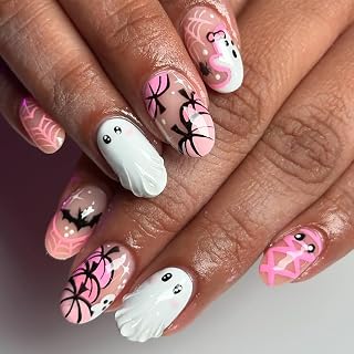 30Pcs Cute Ghost Press on Nails Short Almond Fake Nails Pink French Tip Halloween False Nails Full Cover 3D Spooky with Spider Web Mummy Bat Design Holiday Nails Acrylic Nail for Women Manicure