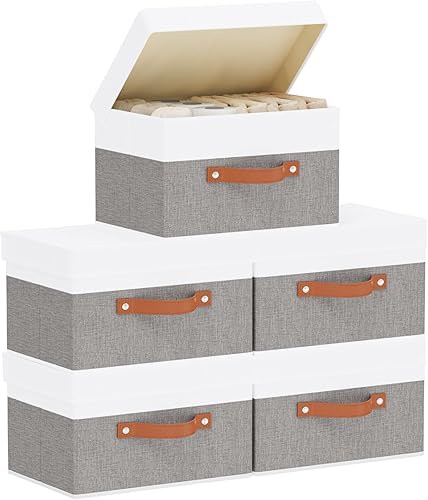 Miniatura 13 de Cesta de almacenamiento de tela con tapas, contenedores de almacenamiento plegables de lino, cajas organizadoras de armario con asas dobles, gris,