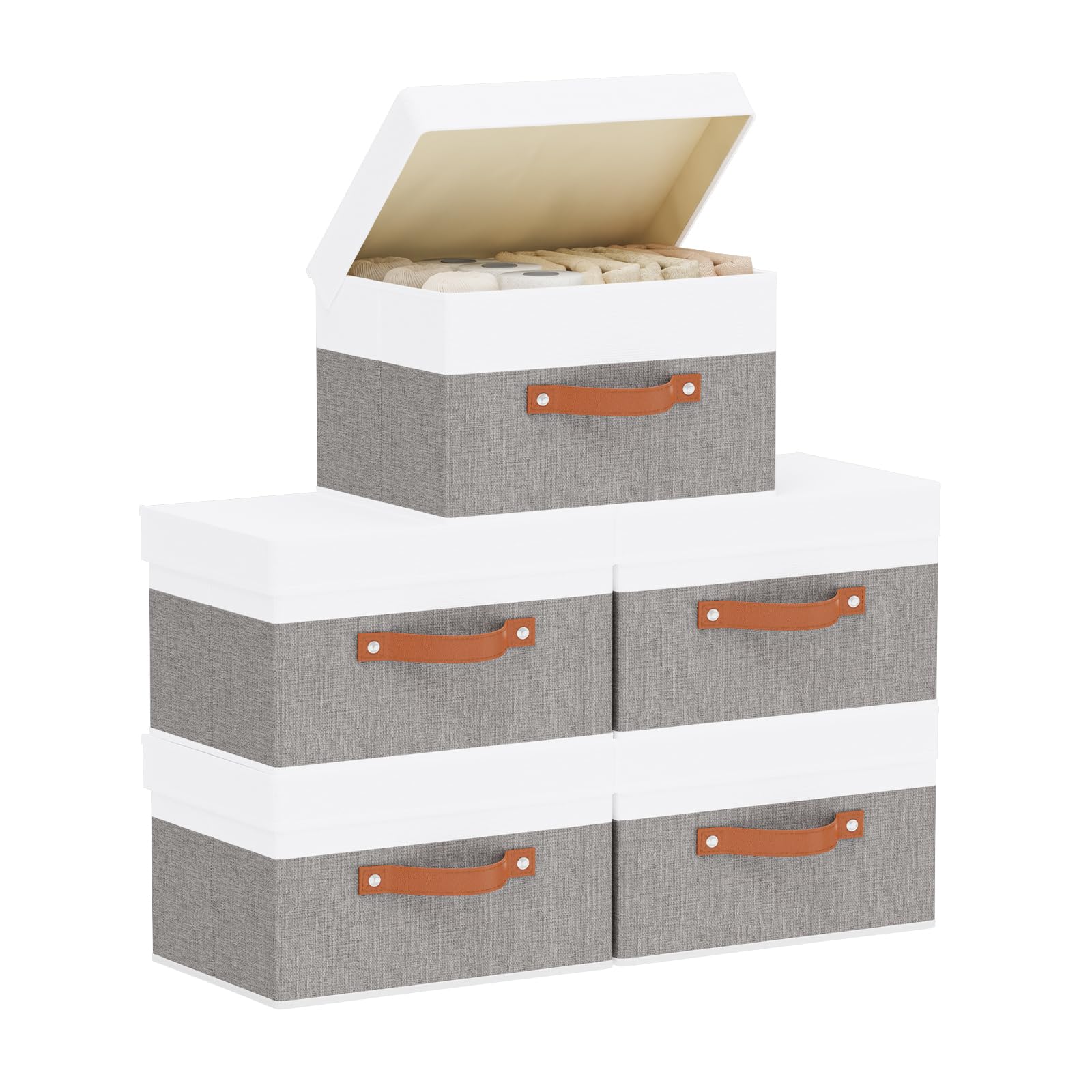 5 Pezzi Scatole con Coperchio, Scatole Portaoggetti Pieghevoli, Cubo di Stoccaggio in Tessuto con Manici, per Vestiti da Letto a Casa,Ufficio,Scuola, Bianco e Grigio, 33x23x20cm