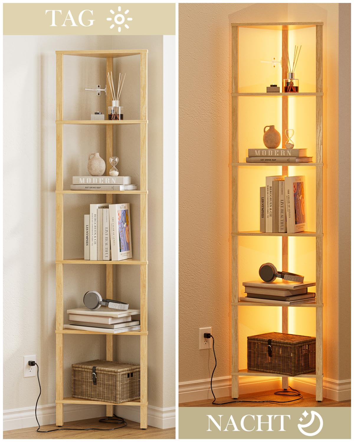 Estantería esquinera de 6 Niveles con luz LED, estantería Triangular de pie, Mueble Organizador Que Ahorra Espacio para salón, Dormitorio, Cocina o baño, Acabado Roble, 37 × 27 × 150 cm