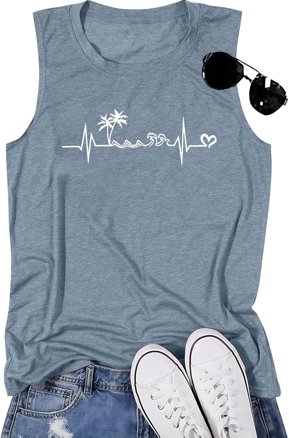ALLTB Beach Tank Tops Women Beach Waves Sleeveless Shirt Hawaiian Ocean Vest Heartbeat Tank Summer Family Vacation Tanks