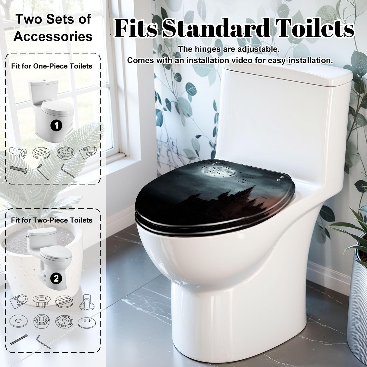 Elongated Toilet Seat Bats empty town Resin Toilet Seat Slow Quiet Close Lid with Quick-Release Hinges Cover Bumpers Easy to Clean Install