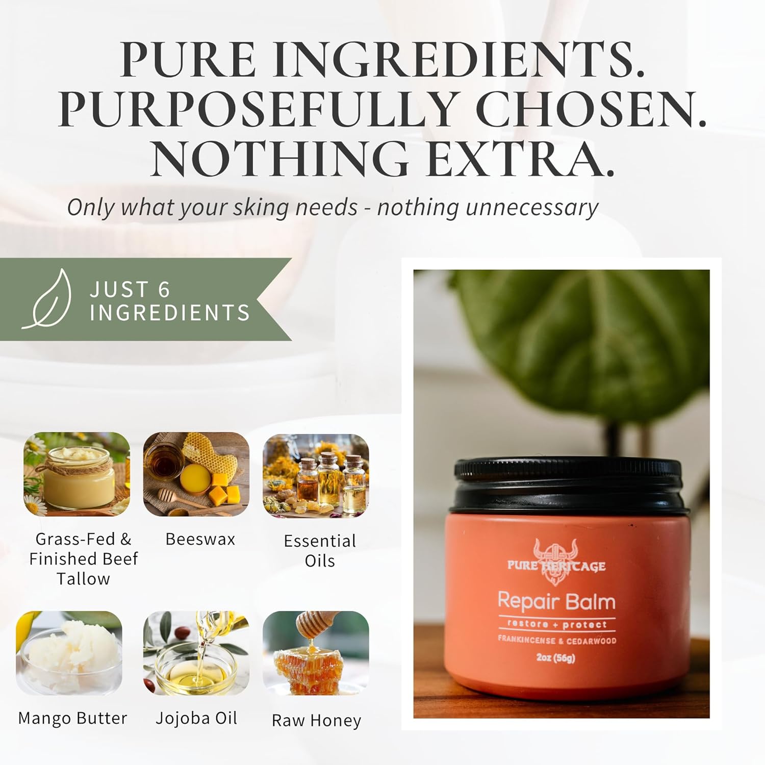 Pure Heritage Repair Tallow Balm – Grass-Fed & Finished Moisturizer & Healing Cream with Frankincense & Cedarwood | Natural Care for Sensitive Skin, Eczema, Rosacea, Babies, Men & Women (2oz)