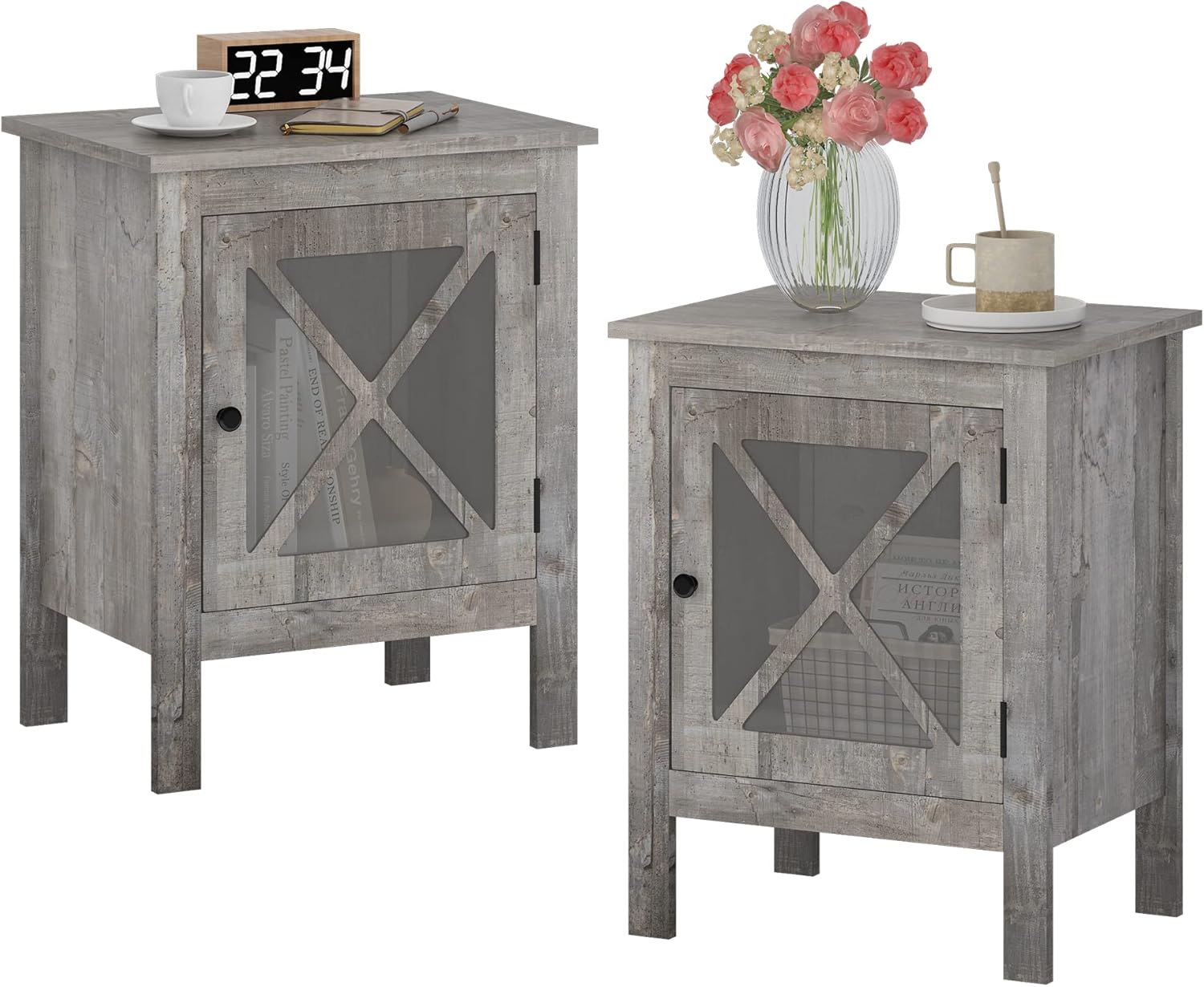 JAXPETY Set of 2 Modern Wood Nightstand, Bedside Table with X-Design Glass Door, Bedside Furniture, Night Stand, End Table, Side Table with Rustic Style for Home Bedroom(2-Pack, Light Grey)