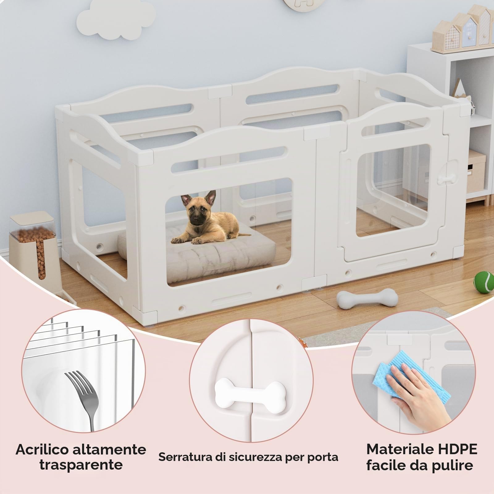 Clevich Recinto per Cani da Interno in Acrilico 129 × 68 × 60 cm, 5 PCS +1 Pannelli con Porta a Chiusura, Recinto per Cani Pieghevole con Ventose, Parco adatto per Appartamento, Bianco
