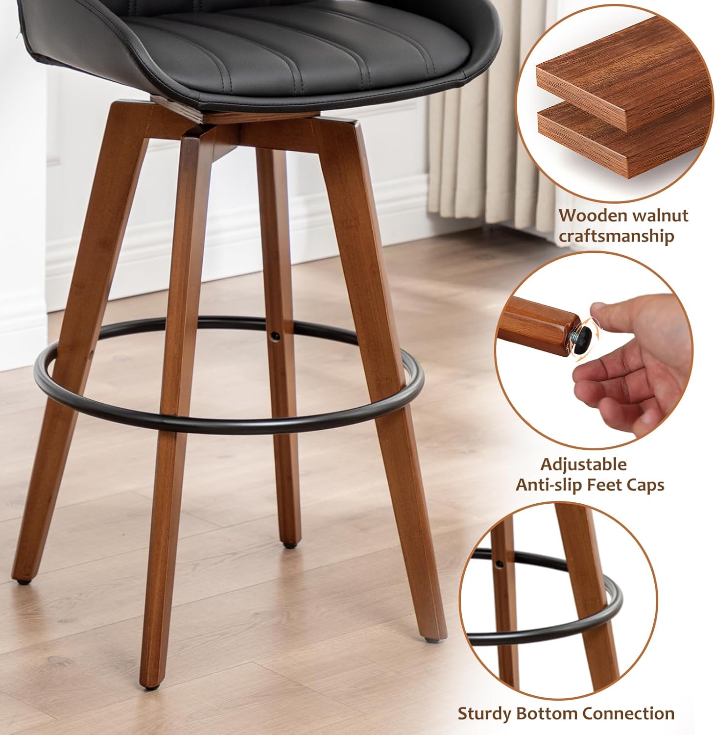 AQG Counter Bar Stools, 26.3 Inch Mid Century Modern Retro Bar Chairs, Swivel Barstools with Walnut Craft, Faux Leather Upholstered Furniture for Island/Counter (Black, 26.3"-1 PCS)
