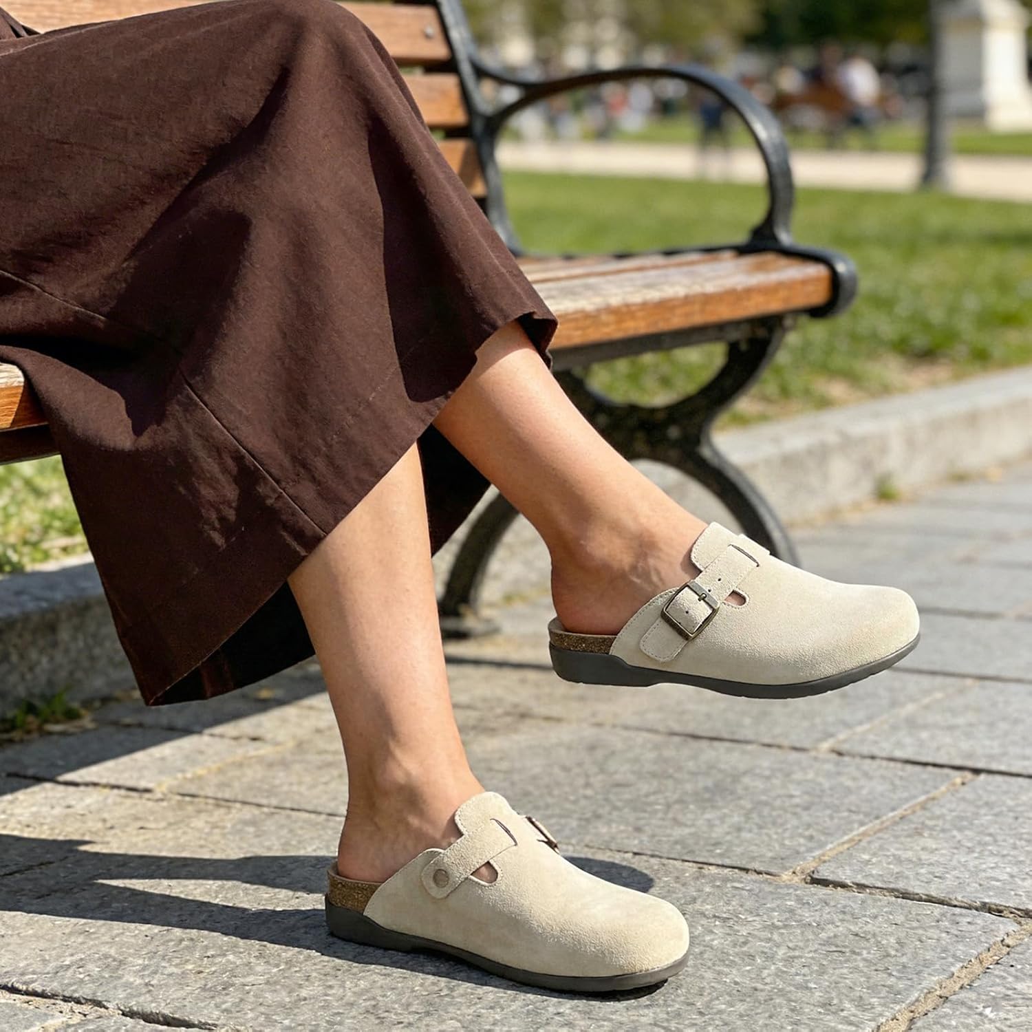 Athlefit Genuine Leather Clogs for Women Soft Cork Footbed Adjustable Buckle Mules Slip On Potato Shoes with Arch Support - Image 3