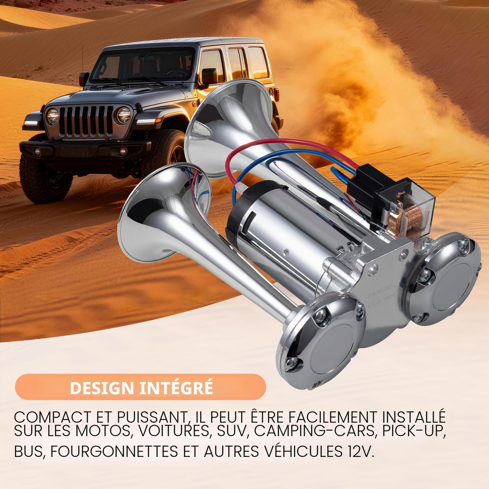 FARBIN Klaxon à air 12V avec compresseur pour voiture, camion, 118 dB, double trompette, avertisseur sonore pour train, bus, fourgonnette, voiture, bateau