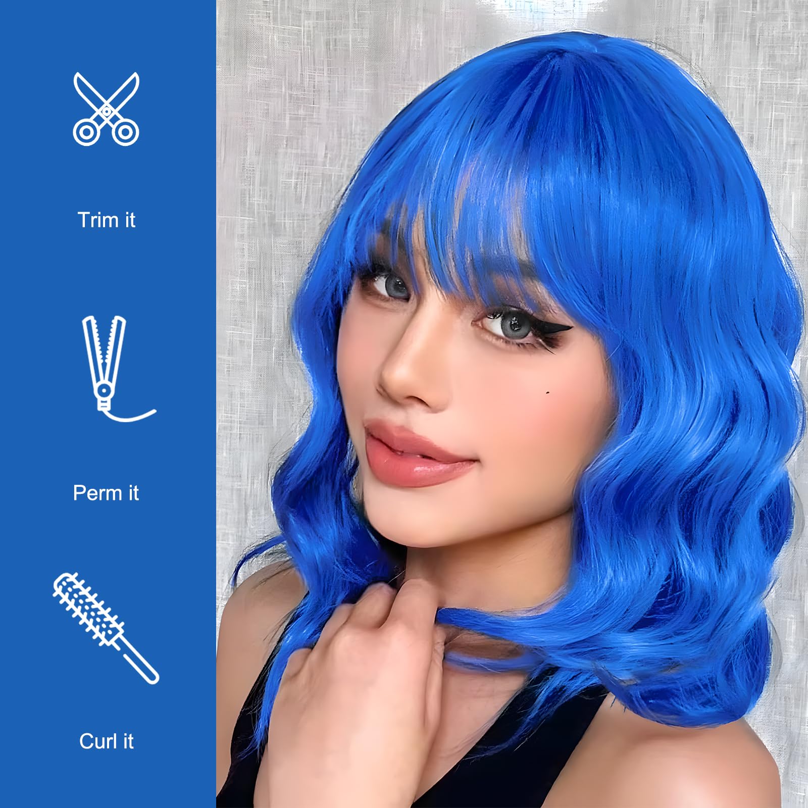 Blue Wig, Mermaid Wigs Costume Wig for Women and Sunglass Set Shoulder Length Loose Curly with Bangs for Halloween Christmas Party - Image 4